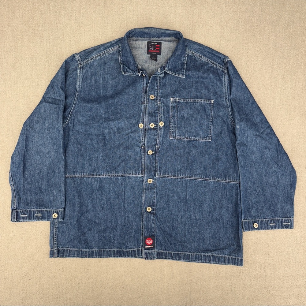 Y2K Polo Jeans Co Ralph Lauren Shacket Jacket Mens L Shirt Denim Pockets Chore - Picture 1 of 15